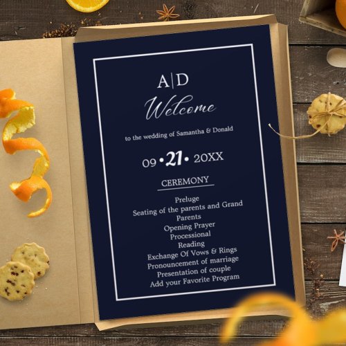 Elegant Navy  Blue Wedding Ceremony Program 