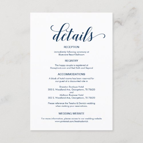 Elegant Navy Blue Wedding Details Information Enclosure Card