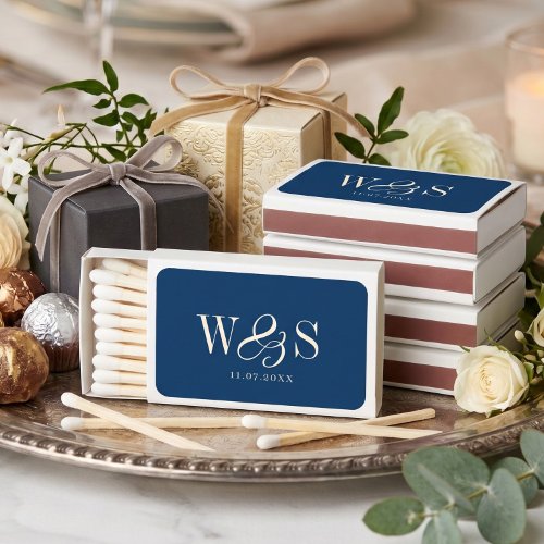Elegant Navy Blue wedding favors couples initials Matchboxes