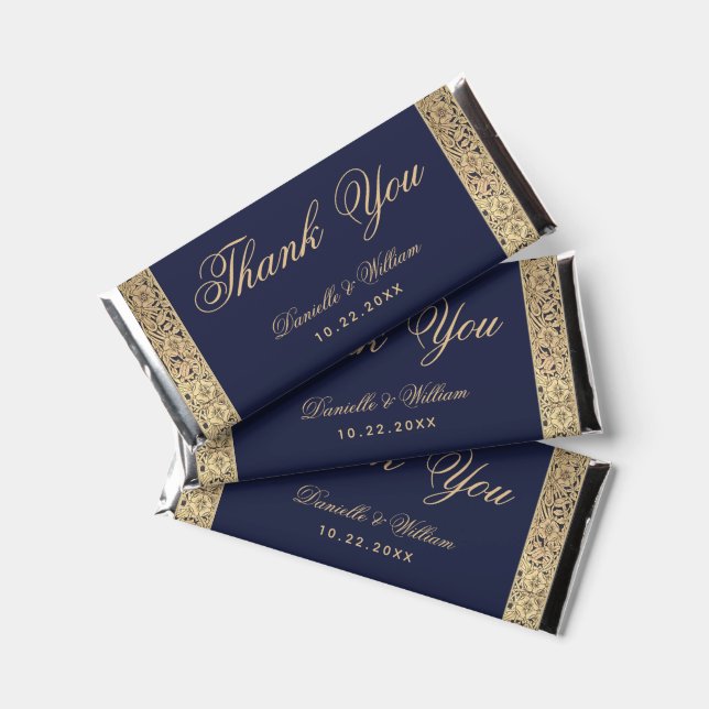 Elegant Navy Blue Wedding Gold Roses Thank You  Hershey Bar Favors (Front)