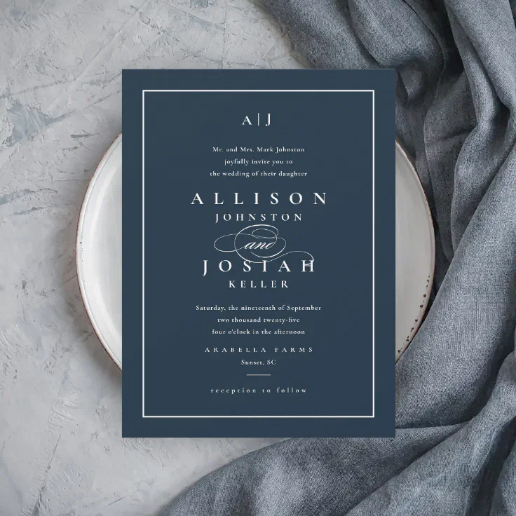 Elegant Navy Blue Wedding Invitation | Zazzle