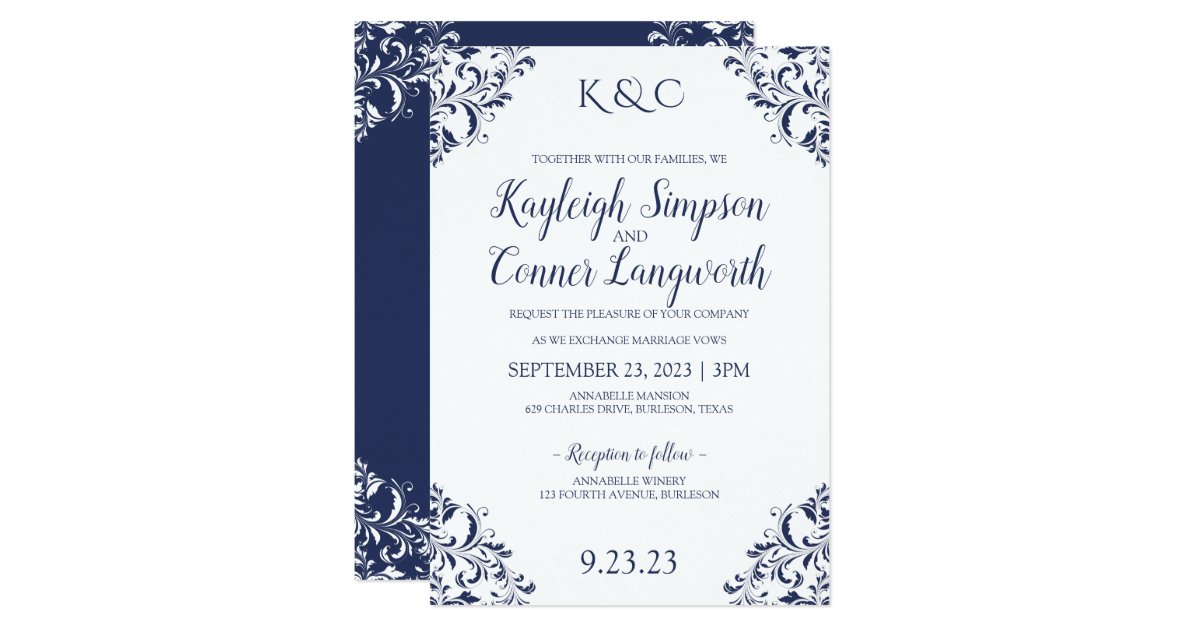 Elegant Navy Blue Wedding Invitations | Vintage | Zazzle.com