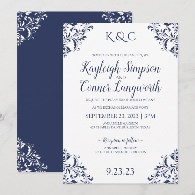 Elegant Navy Blue Wedding Invitations | Vintage (Front/Back)