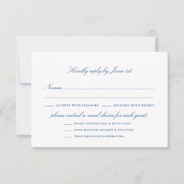 Elegant Navy Blue Wedding Meal Options  RSVP Card (Front)