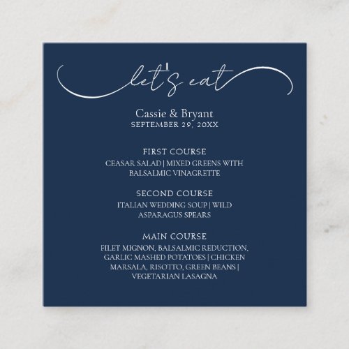 Elegant Navy Blue Wedding Menu Enclosure Card