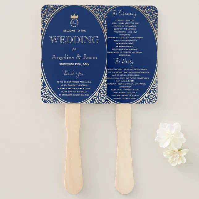 Elegant Navy Blue Wedding Program Hand Fan | Zazzle