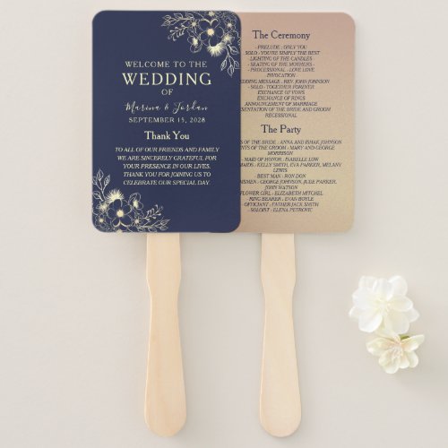 Elegant Navy Blue Wedding Program Hand Fan