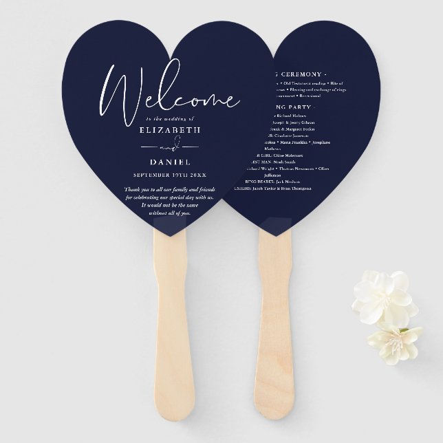 Elegant Navy Blue Wedding Program Heart Hand Fan (Front and Back)