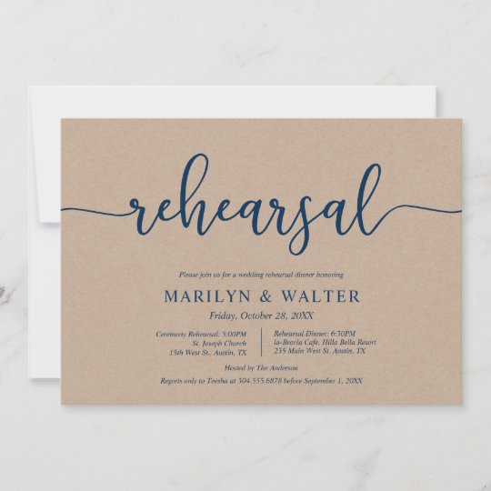 Elegant Navy Blue Wedding Rehearsal And Dinner Invitation