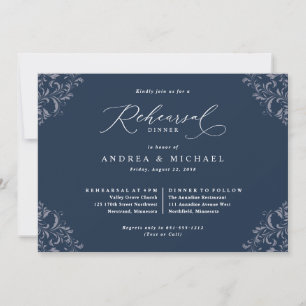 Elegant Navy Blue Wedding Rehearsal Dinner Invitation