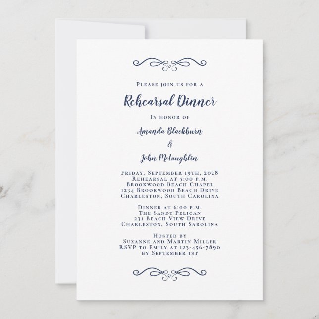 Elegant Navy Blue Wedding Rehearsal Dinner Invitation (Front)