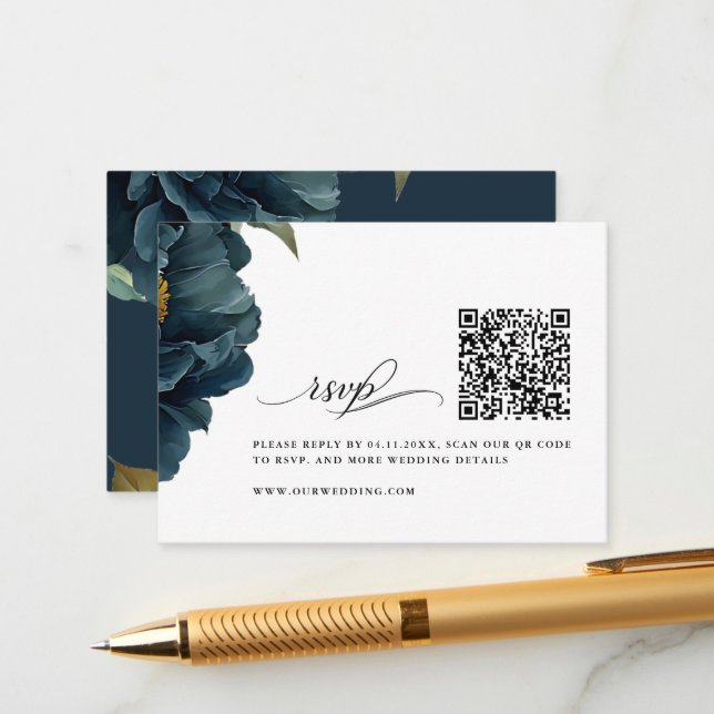 Elegant Navy Blue Wedding RSVP with QR Code Enclosure Card (Front/Back In Situ)