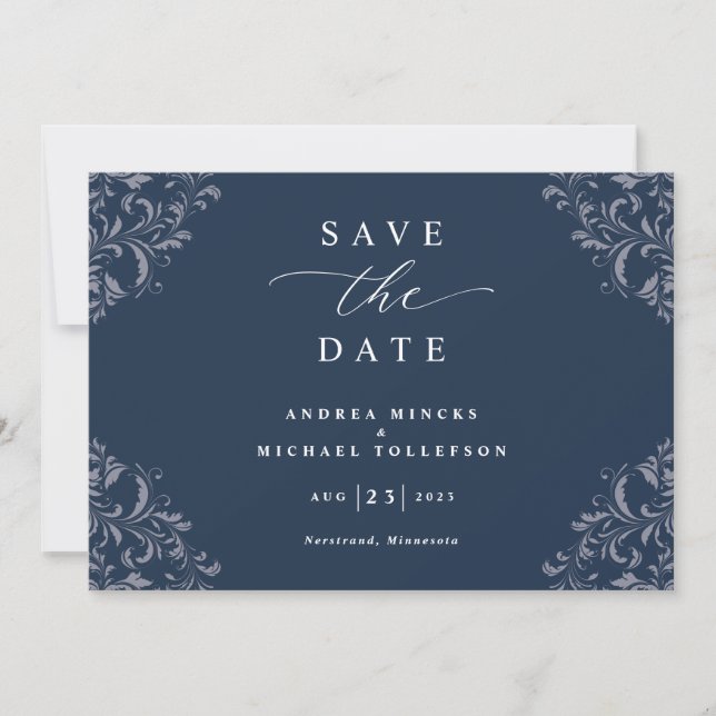 Elegant Navy Blue Wedding Save the Date Cards (Front)