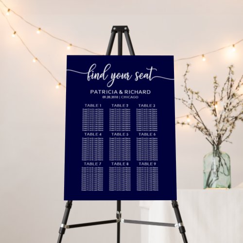 Elegant Navy Blue Wedding Seating Chart Foam Board