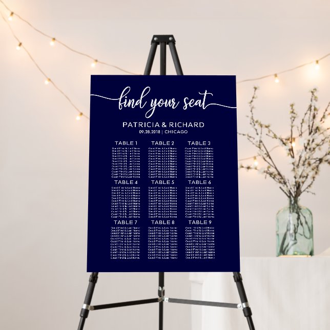 Elegant Navy Blue Wedding Seating Chart Foam Board (In Situ (Stand))