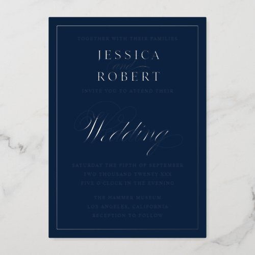 Elegant Navy Blue Wedding Silver Foil Invitation