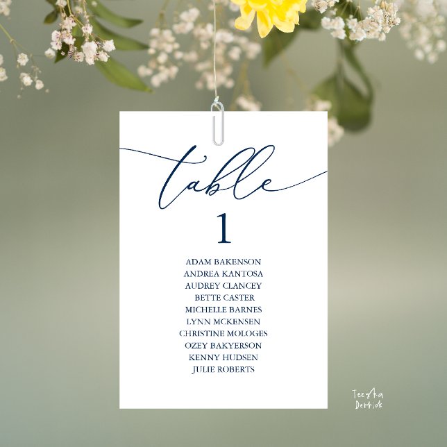 Elegant Navy Blue Wedding Table Seating Chart Number (Elegant Wedding Dinner Table Hanging Seating Chart Card, with Table Number Guest Names Navy Blue)