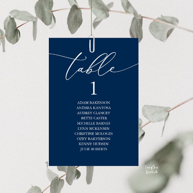 Elegant Navy Blue Wedding Table Seating Chart Number (Elegant Wedding Dinner Table Hanging Seating Chart Card, with Table Number Guest Names Navy Blue)