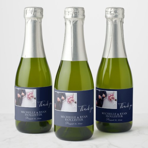 Elegant Navy Blue Wedding Thank you Photo Sparkling Wine Label