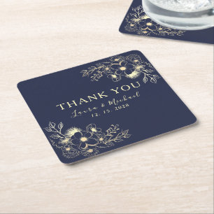 Elegant Navy Blue Wedding Thank You Square Paper Coaster