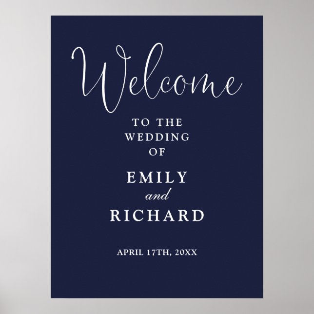 Elegant Navy Blue Wedding Welcome Sign (Front)