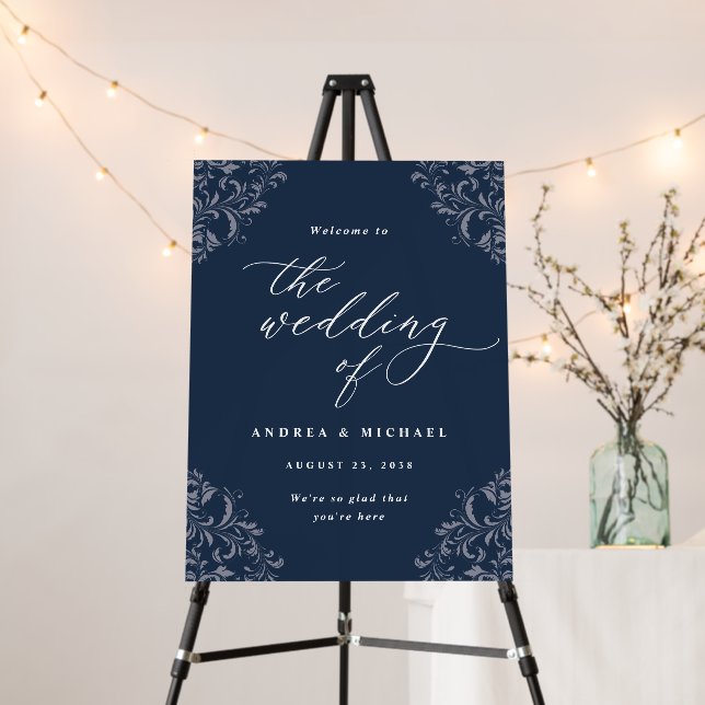 Elegant Navy Blue Wedding Welcome Sign Vintage (In Situ (Stand))