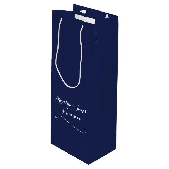 Elegant Navy Blue Wedding Wine Gift Bag (Front Angled)