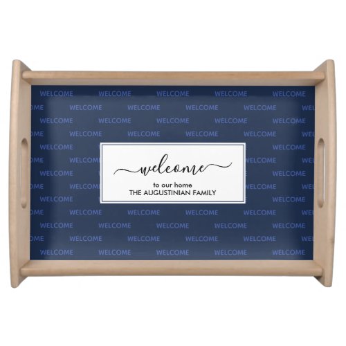 Elegant navy blue WELCOME TO OUR HOME Serving Tray