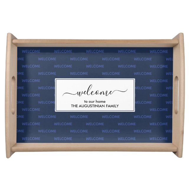 Elegant navy blue WELCOME TO OUR HOME Serving Tray (Front)