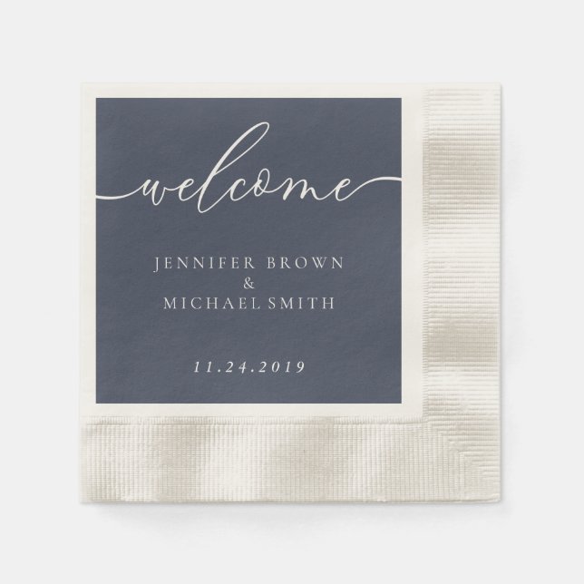 Elegant Navy Blue Welcome Wedding Minimal Design Napkins (Front)