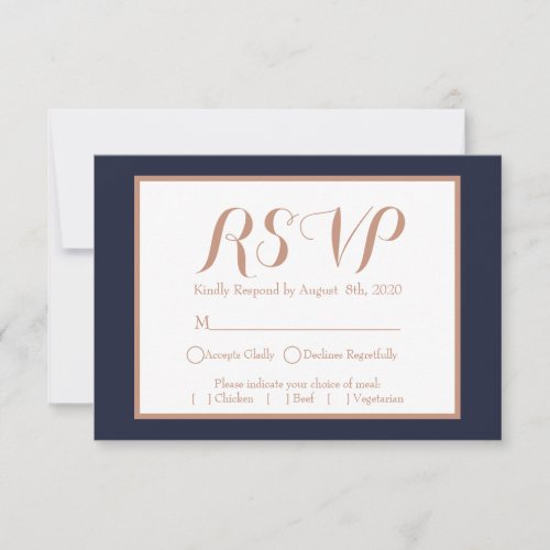 Elegant Navy Blue White and Faux Rose Gold Wedding RSVP Card