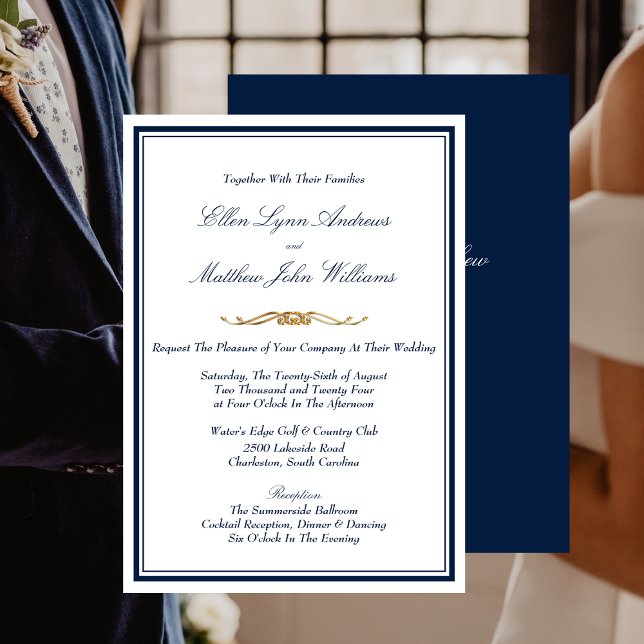 Elegant Navy Blue, White and Gold Wedding Invitation (Elegant Navy Blue, White and Gold Wedding Invitation)