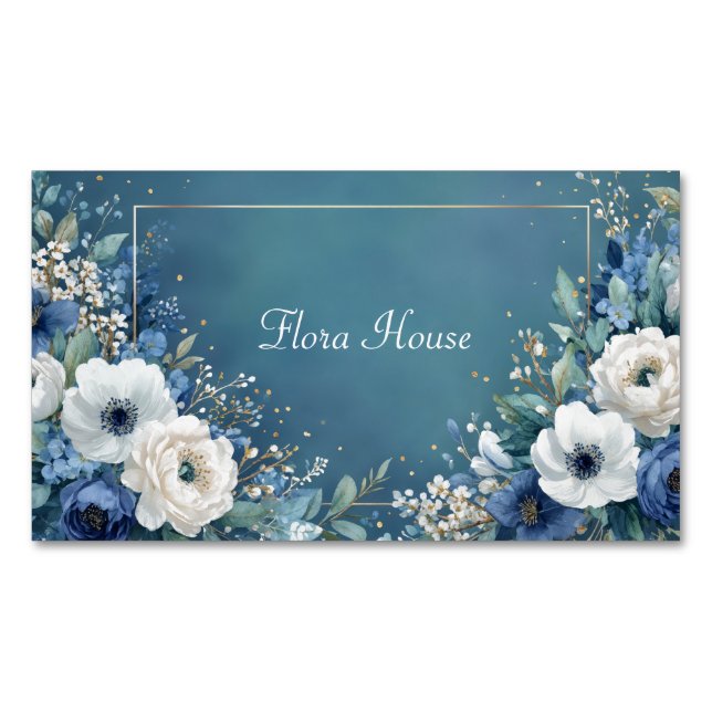Elegant Navy Blue White Anemone Teal Gold Business Card Magnet (Front)