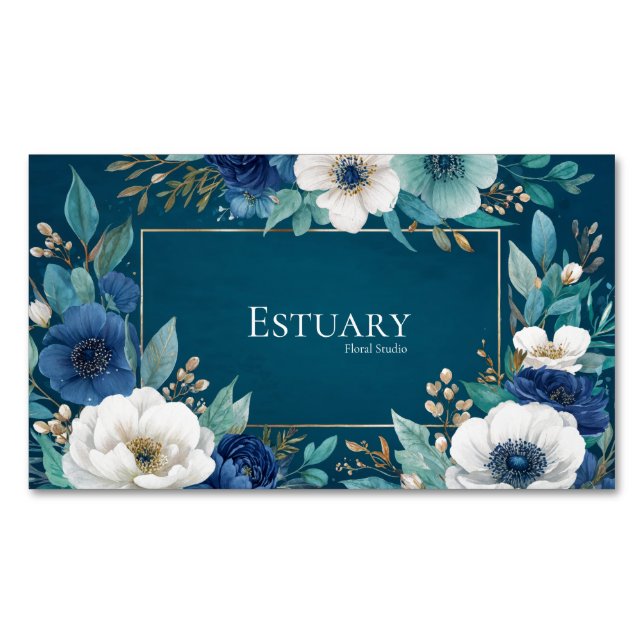 Elegant Navy Blue White Anemone Teal Gold Frame Business Card Magnet (Front)