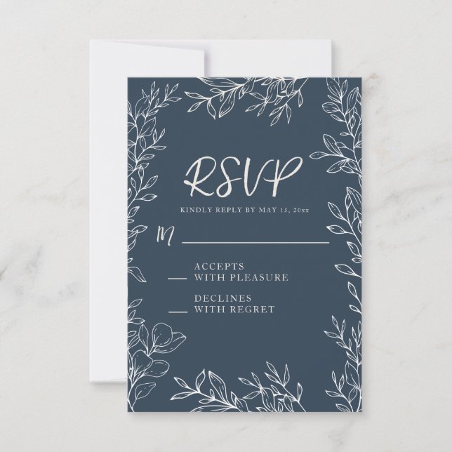Elegant Navy Blue White Botanical Line Art Wedding RSVP Card (Front)