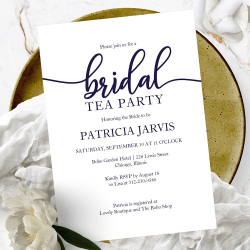 Elegant Navy Blue White Bridal Tea Party Invitation