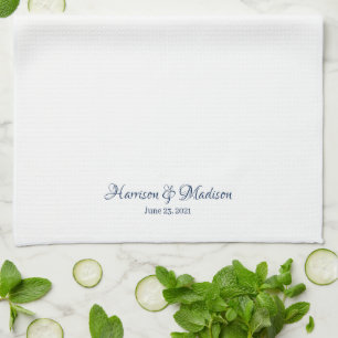 Elegant navy blue white custom script name date kitchen towel