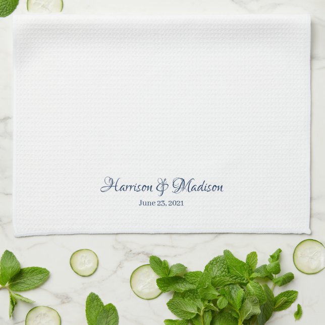 Elegant navy blue white custom script name date kitchen towel (Folded)