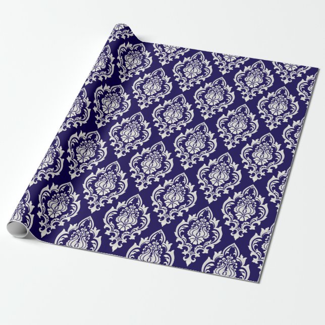 Elegant Navy Blue White Damask Pattern Luxury Wrapping Paper (Unrolled)