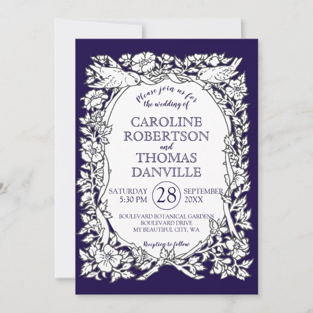 Elegant Navy Blue White Floral Bird Ornate Wedding Invitation (Front)