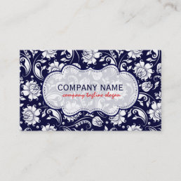 Elegant Navy Blue &amp; White  Floral Damasks Business Card