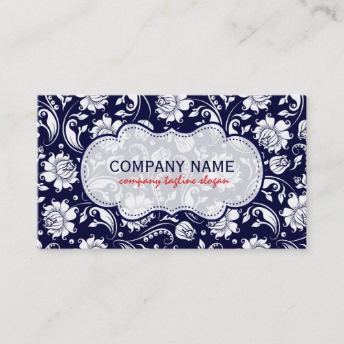 Elegant Navy Blue  White  Floral Damasks Business Card