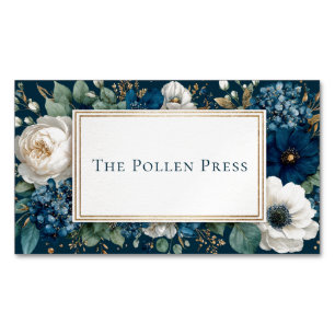 Elegant Navy Blue White Floral Gold Glitter Frame Business Card Magnet