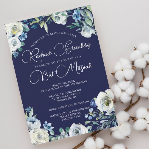 Elegant Navy Blue White Floral Modern Bat Mitzvah Invitation