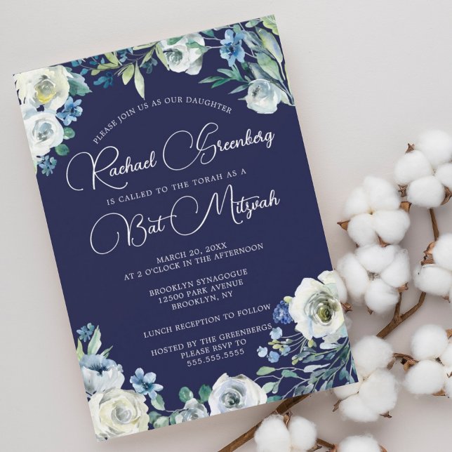 Elegant Navy Blue White Floral Modern Bat Mitzvah Invitation (Creator Uploaded)