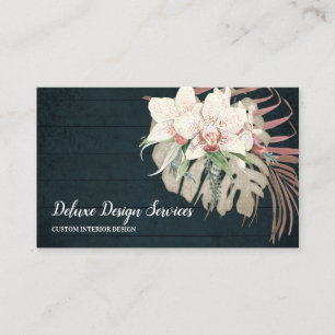 Elegant Navy Blue White Floral Orchid Greenery Business Card