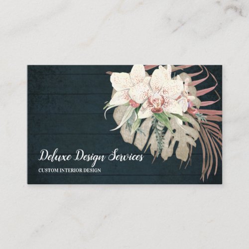 Elegant Navy Blue White Floral Orchid Greenery Business Card