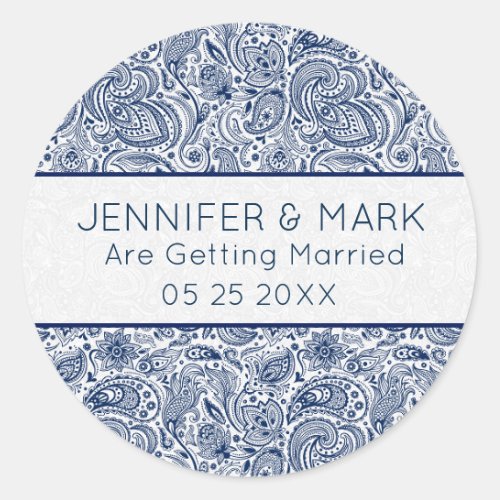 Elegant Navy Blue  White Floral Paisley Lace Classic Round Sticker