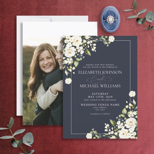 Elegant Navy Blue White Floral Photo Wedding Invitation