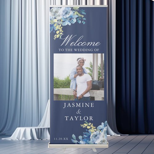 Elegant Navy Blue White Floral Photo Wedding Retractable Banner